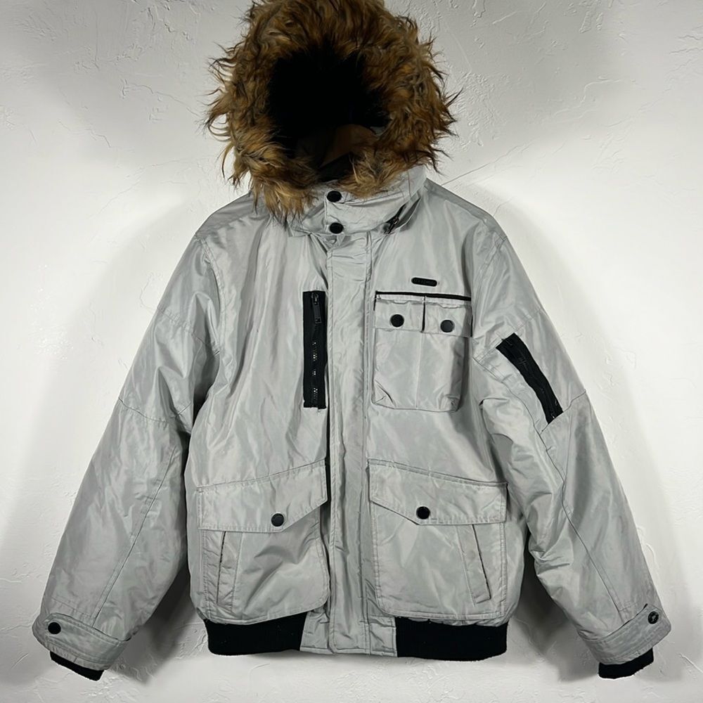 🔥🔥 ROCAWEAR  lgoose Coat Puffer Jacket Removable Hood Gray Men Sz Medium - GUC